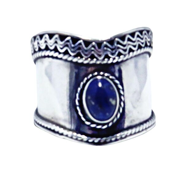 Vintage Sterling Silver Ring Women Sz 8.5 Wide Band and Lapis Lazuli Stone - Picture 1 of 8